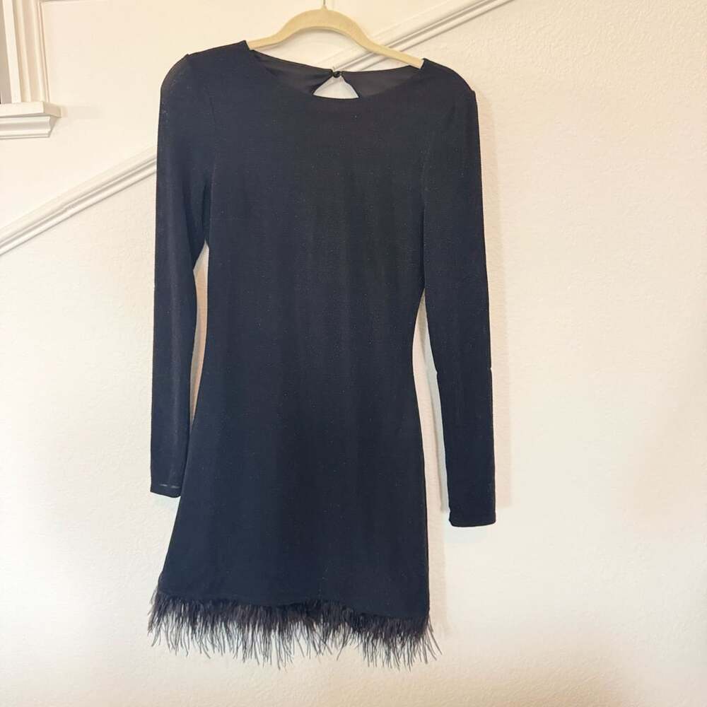 Audrey Parks Feather Trim Mini Dress Size M Black Long Sleeve Glitter